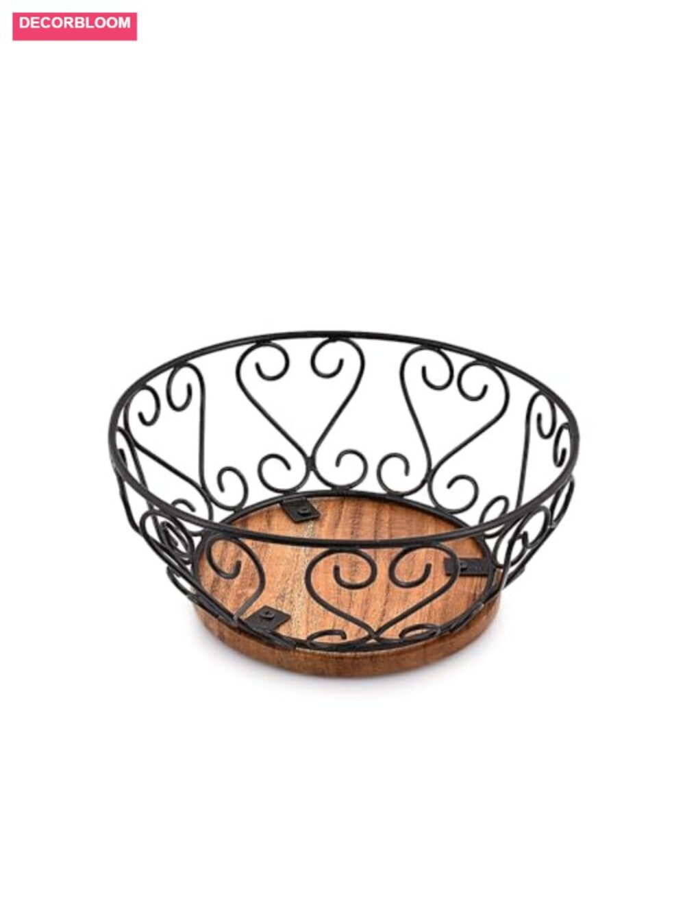 Iron Wire Fruit Bowl with Wooden Base Kitchen Dining Countertop